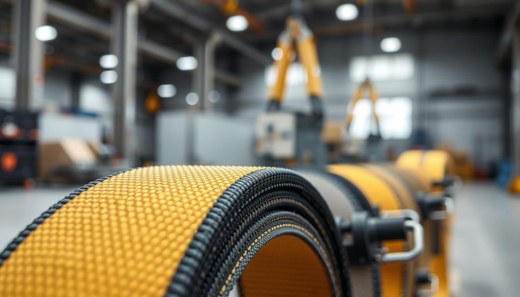 A close-up image of a high-quality webbing sling, vividly displayed in a well-lit environment. In the foreground, focus on the intricate textures and details of the webbing material, showcasing its strength and durability through visible stitching and reinforced ends. In the middle ground, a set of webbing slings of various lengths is arranged neatly, emphasizing their versatility and range. The background features a subtle industrial setting, blurred to keep the focus on the slings, with soft natural lighting creating a professional and clean atmosphere. The overall mood should convey reliability and safety, reflecting the performance and minimal risk associated with using webbing slings. The image should be photorealistic and framed to capture the essence of quality and innovation without any text or distractions.