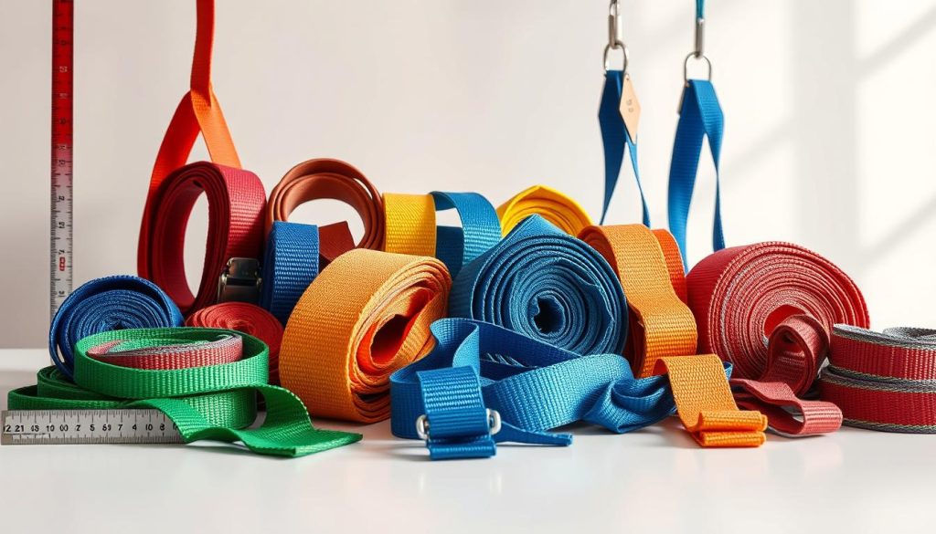 A close-up image of a variety of webbing slings displayed on a clean, well-lit table, set against a neutral background. The foreground features multiple types of slings in vibrant colors, showcasing their sturdy texture and intricate stitching details. Some slings are laid flat while others are draped to highlight their flexibility, emphasizing different shapes and load capacities. The middle ground includes measuring scales next to the slings, hinting at their dimensions, while the background remains a soft gradient to keep focus on the slings. Natural lighting filters through, casting soft shadows and enhancing the colors, creating a professional and informative atmosphere. The image should be photorealistic and high definition, with no text or watermarks present. A close-up image of a variety of webbing slings displayed on a clean, well-lit table, set against a neutral background. The foreground features multiple types of slings in vibrant colors, showcasing their sturdy texture and intricate stitching details. Some slings are laid flat while others are draped to highlight their flexibility, emphasizing different shapes and load capacities. The middle ground includes measuring scales next to the slings, hinting at their dimensions, while the background remains a soft gradient to keep focus on the slings. Natural lighting filters through, casting soft shadows and enhancing the colors, creating a professional and informative atmosphere. The image should be photorealistic and high definition, with no text or watermarks present.