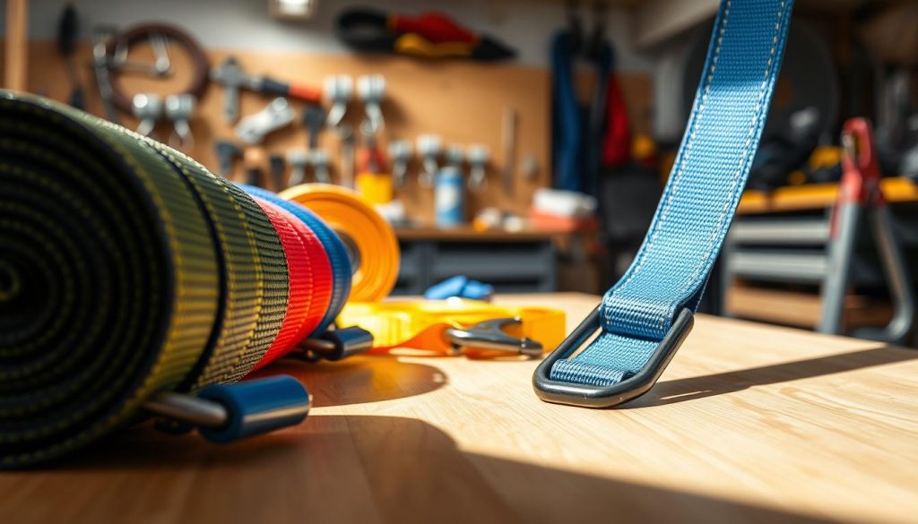 A close-up image of a webbing sling, showcasing its vibrant colors and sturdy fabric texture. The foreground features a well-arranged set of webbing slings in various lengths and widths, with detailed stitching and hardware such as hooks and loops visible. In the middle ground, a soft shadow falls on a wooden table where the slings are displayed, enhancing their features. The background is softly blurred, illustrating a workshop environment with tools and materials related to lifting equipment. The lighting is bright yet diffused, simulating a natural daylight effect that highlights the slings' details. The overall mood conveys professionalism and reliability, suitable for an informative context. Aim for a photorealistic style in high definition.