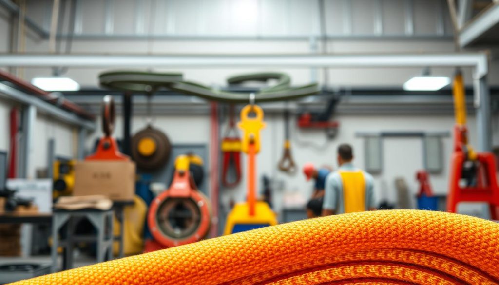 A close-up of a vibrant webbing sling displayed against a clean, industrial backdrop featuring a well-lit workshop in Bengkulu. The sling is richly textured, showcasing its durable weave and bright color, emphasizing its strength and reliability. In the foreground, the webbing sling is prominently centered, with light reflections highlighting its surface. In the middle background, there are tools and equipment related to rigging and lifting, subtly suggesting the context of the product’s use. The atmosphere is professional and inviting, with soft, diffused lighting that enhances the attention on the sling. The image captures a sense of quality and value, appealing to potential buyers seeking the best prices in the market. A close-up of a vibrant webbing sling displayed against a clean, industrial backdrop featuring a well-lit workshop in Bengkulu. The sling is richly textured, showcasing its durable weave and bright color, emphasizing its strength and reliability. In the foreground, the webbing sling is prominently centered, with light reflections highlighting its surface. In the middle background, there are tools and equipment related to rigging and lifting, subtly suggesting the context of the product’s use. The atmosphere is professional and inviting, with soft, diffused lighting that enhances the attention on the sling. The image captures a sense of quality and value, appealing to potential buyers seeking the best prices in the market.