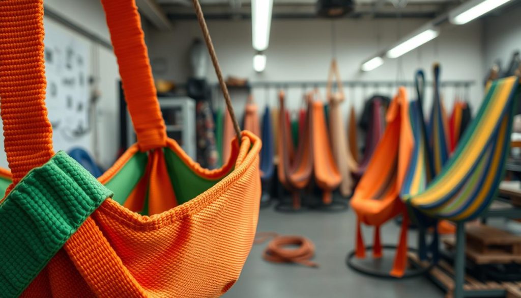 A close-up of a vibrant webbing sling displayed prominently in the foreground, showcasing its intricate weave and texture. The sling should be in bright colors like orange and green, with a clear focus on the stitching and edge details. In the middle ground, a variety of webbing slings of different sizes and colors are elegantly arranged, reflecting the diverse options available. The background features a subtle workshop setting with soft, diffused lighting that highlights the slings without overpowering them. The atmosphere is professional and informative, suggesting a focus on quality and pricing. Capture this scene with a slight depth of field effect to create a sense of layering, and use a neutral color palette for the background to ensure the webbing slings stand out effectively.