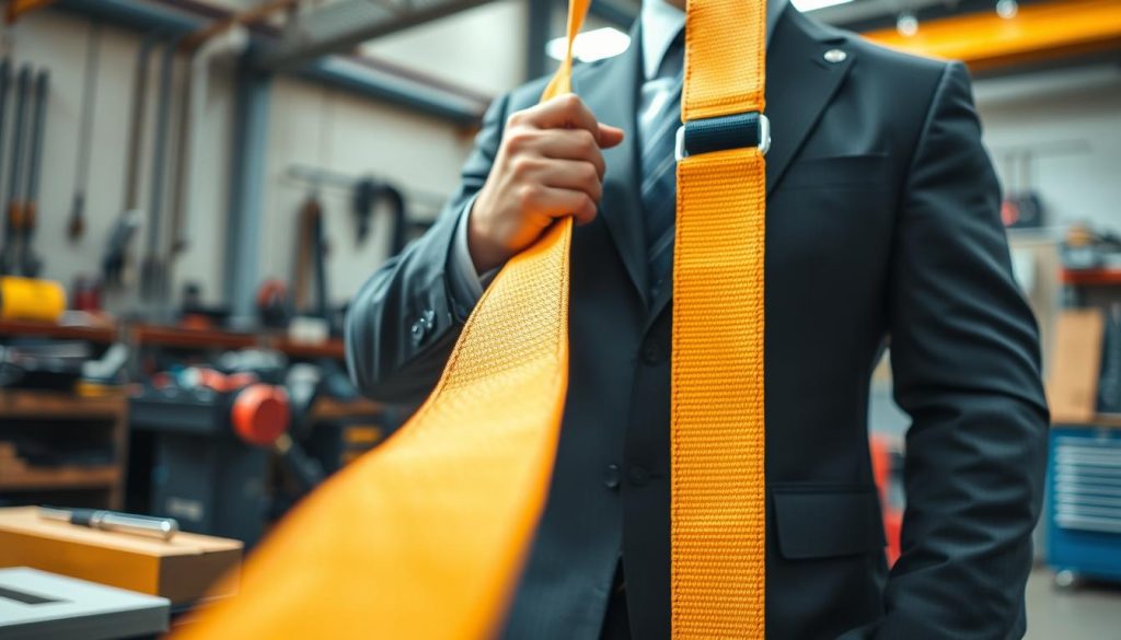 A close-up, photorealistic image capturing a professional demonstrating the safe usage of a webbing sling. In the foreground, the webbing sling is prominently displayed, showcasing its texture and vibrant color under bright, natural lighting. The middle ground features a person, dressed in professional business attire, carefully inspecting the sling for any signs of wear or damage, highlighting best practices for safety. The background includes industrial tools and equipment, slightly out of focus, conveying a workshop environment. The overall atmosphere is serious and educational, emphasizing safety and compliance in the use of webbing slings. Shot from a slightly lower angle to give depth, with soft bokeh effects enhancing the visuals.