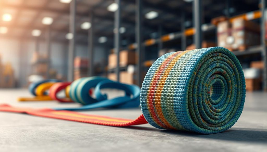 A close-up, photorealistic image of a colorful webbing sling displayed prominently in the foreground, showcasing its intricate weave and strong stitching. The sling should be lying on a smooth, neutral-colored surface to emphasize its texture and durability. In the middle ground, include a few additional slings of different sizes and colors, hinting at a range of options available for purchase. In the background, suggest a warehouse setting with soft, diffused lighting to create a professional and trustworthy atmosphere. Use a shallow depth of field to keep the focus on the webbing slings, while gently blurring the background elements. The overall mood should convey safety and quality, illustrating the importance of selecting the right webbing sling for secure lifting.