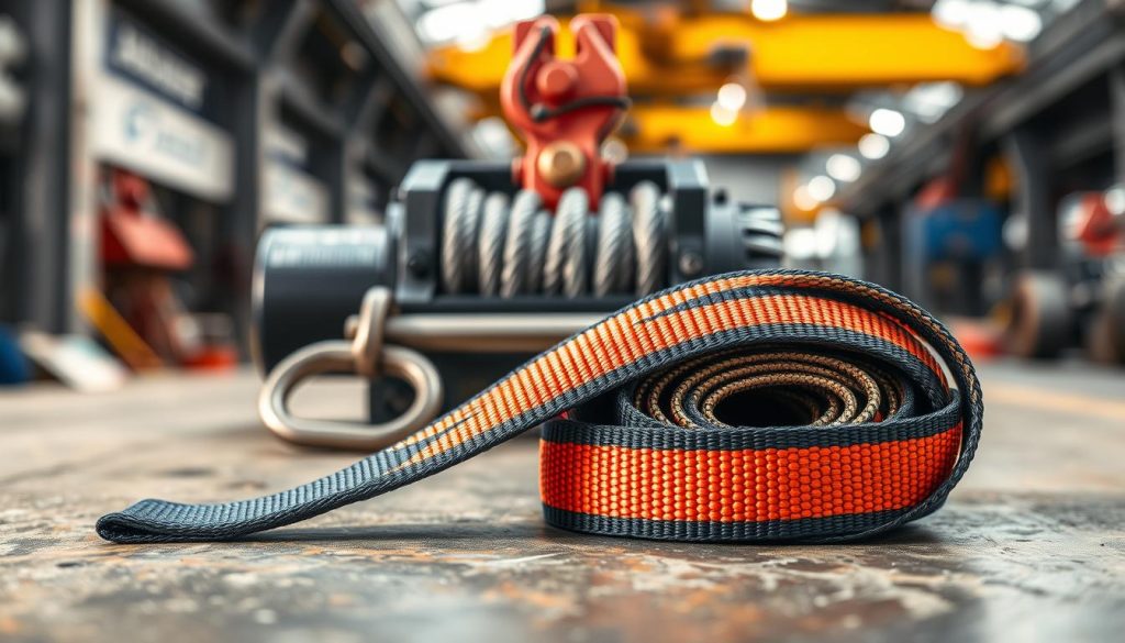 A close-up, photorealistic image of a durable webbing sling prominently displayed on a sturdy industrial surface. The foreground should feature the sling's detailed texture and vibrant color, showcasing its high-quality material. In the middle, tools such as a heavy-duty winch and hooks should hint at its practical applications in various industries. The background can subtly include a blurred construction or manufacturing environment, with soft lighting that highlights the sling’s utility and reliability. Capture the image from a low angle to emphasize the strength and robustness of the webbing sling. The overall mood should convey professionalism and trustworthiness, reflecting the industry's shift toward this superior lifting solution.