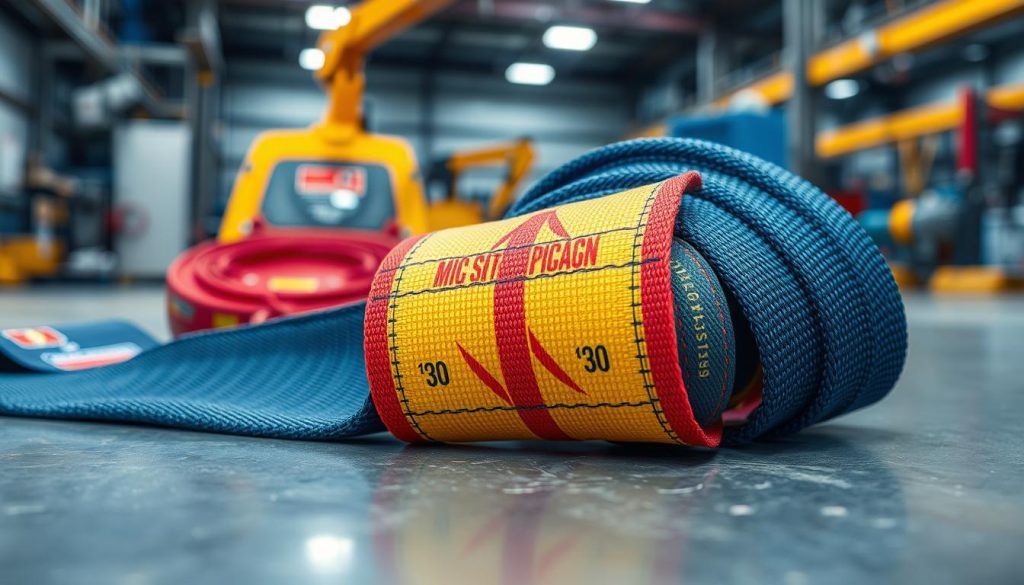 A close-up, photorealistic image of a high-capacity webbing sling laid out on a clean, industrial surface. In the foreground, focus on the sling's vibrant colors and intricate stitching patterns, highlighting the identification strips and capacity markings. The middle of the image should showcase the sling's strong, textured material, emphasizing its durability. In the background, subtly blur a workspace scene with tools and equipment indicating the lifting industry, allowing the sling to stand out prominently. Soft, even lighting illuminates the scene, casting gentle shadows that enhance the textures, while a slight angle from above captures the sling's form effectively. The overall mood is professional and focused, perfect for illustrating industrial strength and reliability. A close-up, photorealistic image of a high-capacity webbing sling laid out on a clean, industrial surface. In the foreground, focus on the sling's vibrant colors and intricate stitching patterns, highlighting the identification strips and capacity markings. The middle of the image should showcase the sling's strong, textured material, emphasizing its durability. In the background, subtly blur a workspace scene with tools and equipment indicating the lifting industry, allowing the sling to stand out prominently. Soft, even lighting illuminates the scene, casting gentle shadows that enhance the textures, while a slight angle from above captures the sling's form effectively. The overall mood is professional and focused, perfect for illustrating industrial strength and reliability.