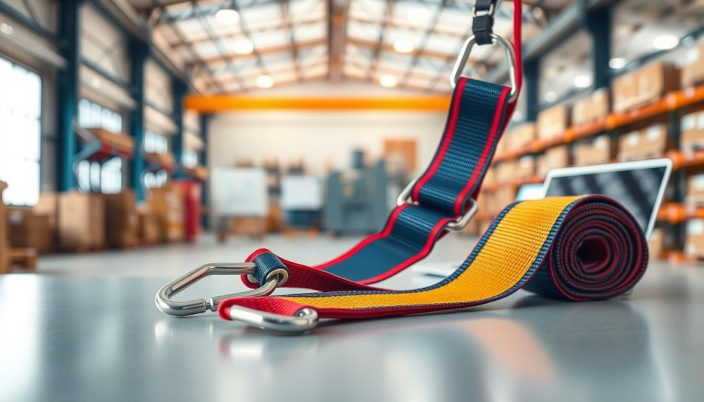 A close-up, photorealistic image of a high-quality webbing sling displayed prominently in the foreground on a smooth, professional surface. The sling should feature vibrant colors, showcasing its strength and durability, with detailed stitching and metal hooks clearly visible. In the middle ground, a clean and organized workspace is depicted, with charts and a laptop, symbolizing the processing of orders. The background shows a blurred view of a warehouse or industrial setting, enhancing the theme of logistics. The lighting is natural and soft, creating a professional atmosphere. The overall mood is efficient and trustworthy, perfect for conveying the quality and service involved in selling webbing slings in Cimahi.