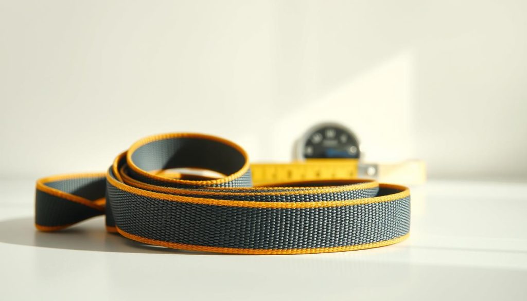 A close-up, photorealistic image of a high-quality webbing sling, prominently displayed in the foreground against a clean, neutral background. The sling should be depicted in vibrant colors, showcasing its robust texture and intricate stitching, lying on a smooth surface. Soft, diffused natural lighting illuminates the scene, highlighting the material's durability and flexibility. In the middle ground, include subtle elements such as a measuring tape or a scale that references pricing, suggesting a context of evaluation. The atmosphere should convey professionalism and reliability, appropriate for an industrial setting. The camera angle should be slightly tilted for a dynamic view, emphasizing the sling's features without distracting from its importance.