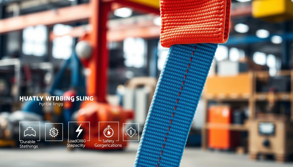 A close-up, photorealistic image of a high-quality webbing sling, showcasing its durable features and materials. The sling should be displayed prominently in the foreground, with its vibrant color and texture highlighted under bright, natural lighting. In the middle ground, detailed technical specifications can be subtly visible, emphasizing the stitching, load capacity, and safety indicators. The background should feature an industrial setting, with blurred machinery and equipment to convey a working environment that requires reliable lifting gear. The overall mood should be professional and focused, reflecting the importance of quality and reliability in daily operations. The composition should be shot at a slight angle to provide depth, ensuring a clear view of the sling's features and standards. A close-up, photorealistic image of a high-quality webbing sling, showcasing its durable features and materials. The sling should be displayed prominently in the foreground, with its vibrant color and texture highlighted under bright, natural lighting. In the middle ground, detailed technical specifications can be subtly visible, emphasizing the stitching, load capacity, and safety indicators. The background should feature an industrial setting, with blurred machinery and equipment to convey a working environment that requires reliable lifting gear. The overall mood should be professional and focused, reflecting the importance of quality and reliability in daily operations. The composition should be shot at a slight angle to provide depth, ensuring a clear view of the sling's features and standards.
