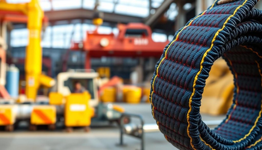 A close-up, photorealistic image of a high-strength webbing sling displayed prominently in the foreground, showcasing its detailed texture and vibrant colors. The webbing should appear robust, demonstrating its durability for heavy lifting applications, with visible stitching and reinforced edges. In the middle ground, include a partially blurred worksite setting, featuring industrial machinery and equipment in the background, emphasizing the practical use of the sling. Soft, natural lighting enhances the details of the webbing, casting gentle shadows that highlight its texture. Capture the scene from a low angle, looking slightly up at the webbing sling, creating an impression of strength and reliability, while maintaining a clean and professional atmosphere. A close-up, photorealistic image of a high-strength webbing sling displayed prominently in the foreground, showcasing its detailed texture and vibrant colors. The webbing should appear robust, demonstrating its durability for heavy lifting applications, with visible stitching and reinforced edges. In the middle ground, include a partially blurred worksite setting, featuring industrial machinery and equipment in the background, emphasizing the practical use of the sling. Soft, natural lighting enhances the details of the webbing, casting gentle shadows that highlight its texture. Capture the scene from a low angle, looking slightly up at the webbing sling, creating an impression of strength and reliability, while maintaining a clean and professional atmosphere.