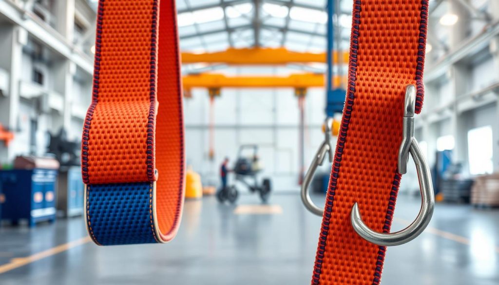 A close-up, photorealistic image of a robust webbing sling, prominently displayed in the foreground. The sling is made of high-quality nylon webbing, showcasing its vibrant colors and intricate weaving patterns. Additional details such as reinforced stitching and metal hooks on each end are clearly visible, emphasizing its strength and durability. In the middle ground, subtle hints of industrial equipment can be seen, such as pulleys or lifting machinery, suggesting the sling's practical application. The background features a softly blurred workspace, illuminated by diffused natural lighting that creates a calm, professional atmosphere. The angle captures both the functionality and aesthetic appeal of the webbing sling while maintaining a clean composition without any distractions.