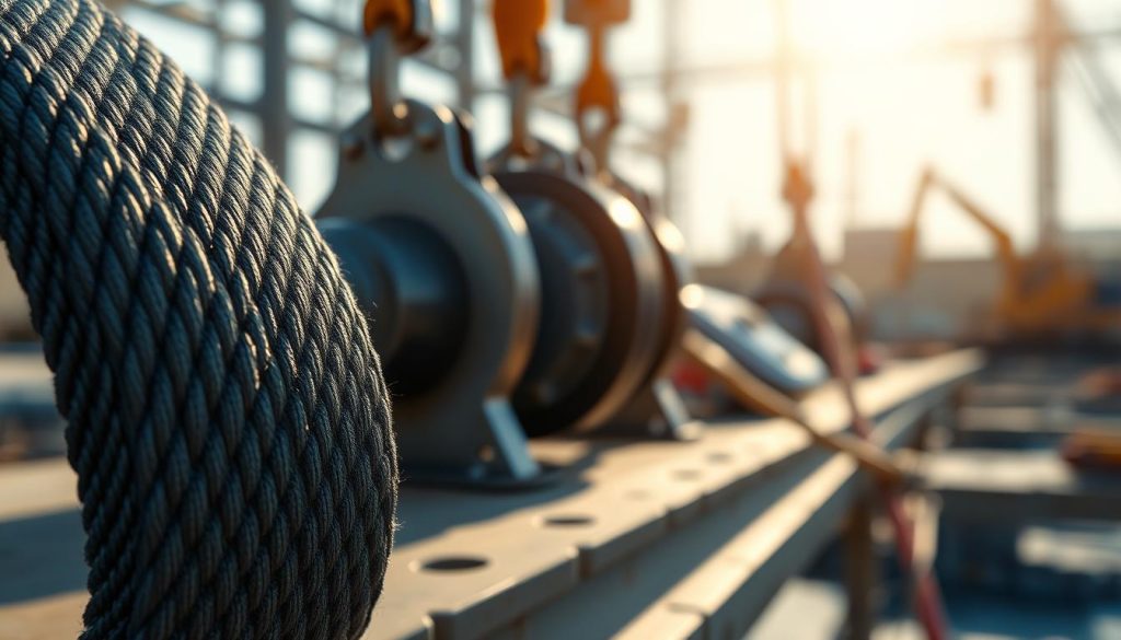 A close-up, photorealistic image of a robust webbing sling, showcasing its intricate weave and texture in vivid detail. The foreground should highlight the sling, emphasizing its strong stitching and durable material, with sunlight glimmering off its surface to convey strength and reliability. In the middle ground, include tools like a winch and pulley system partially visible, hinting at its industrial application. The background features a construction site with blurred machinery to create context without distraction. Use soft, natural lighting to evoke a professional and serious atmosphere, capturing the essence of durability designed for various working conditions. The angle should be slightly tilted to enhance visual interest and depth.