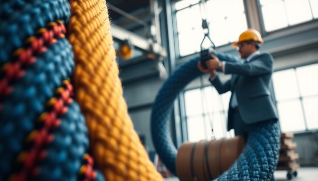 A close-up, photorealistic image of a round sling in use, focusing on the intricate weave and texture of the fabric. In the foreground, the round sling is prominently displayed, showcasing its vibrant colors and durable stitching. The middle ground features a lifting scenario with a professional worker in business attire operating a crane, highlighting the sling's practical application in lifting heavy loads. The background is an industrial setting with soft, diffused natural light filtering through large windows, creating a safe and professional atmosphere. The angle is slightly tilted to emphasize depth, and the colors are rich and vivid, underscoring the importance of quality in lifting equipment. A close-up, photorealistic image of a round sling in use, focusing on the intricate weave and texture of the fabric. In the foreground, the round sling is prominently displayed, showcasing its vibrant colors and durable stitching. The middle ground features a lifting scenario with a professional worker in business attire operating a crane, highlighting the sling's practical application in lifting heavy loads. The background is an industrial setting with soft, diffused natural light filtering through large windows, creating a safe and professional atmosphere. The angle is slightly tilted to emphasize depth, and the colors are rich and vivid, underscoring the importance of quality in lifting equipment.