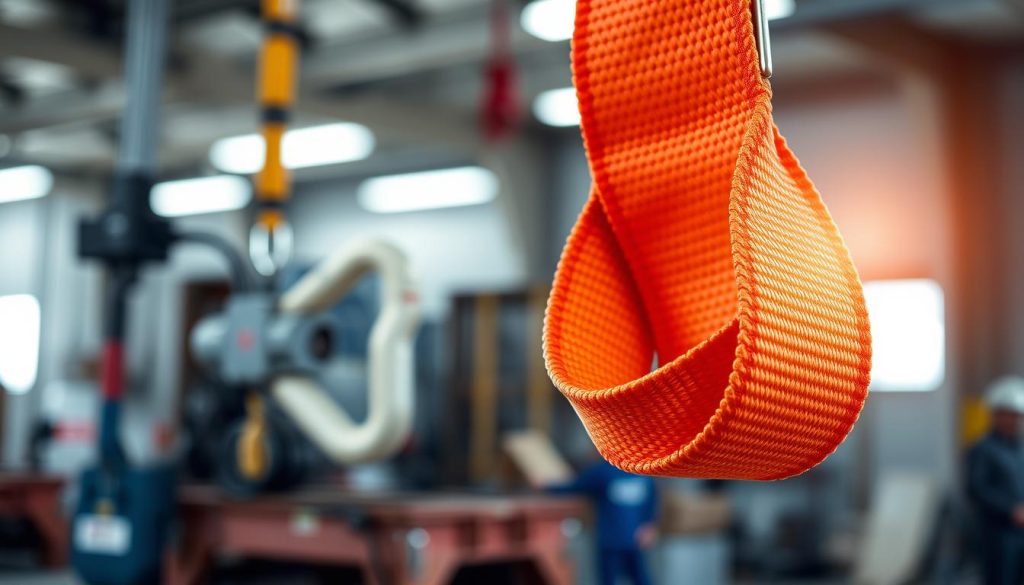 A close-up, photorealistic image of a strong, flexible webbing sling in vibrant colors, showcasing its material texture and strength. The foreground features the webbing sling prominently displayed, perhaps draped over a sturdy hook or loop, catching the light to highlight its durability. In the middle ground, blurred, industrial equipment or a loading area to indicate its practical application. The background showcases a setting such as a construction site, with soft, diffused lighting to convey professionalism and safety, emphasizing the sling's robust nature. The atmosphere is one of reliability and strength, highlighting the advantages of webbing slings: power, flexibility, and safety.