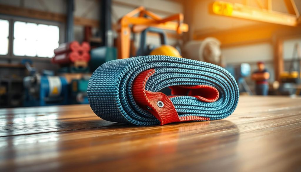 A close-up, photorealistic image of a webbing sling, prominently featuring its detailed texture and vibrant colors. The sling should be displayed on a wooden table with a slight sheen, indicating its durability and strength. In the background, softly blurred industrial tools and lifting equipment hint at its practical use. Natural light streams in from a nearby window, casting gentle shadows that enhance the textures of the sling. The focus is sharp on the sling, demonstrating its features such as stitching and load capacity markings, while the background remains slightly out of focus to emphasize the product. The overall mood should convey reliability and professionalism, suitable for a market in Cirebon.