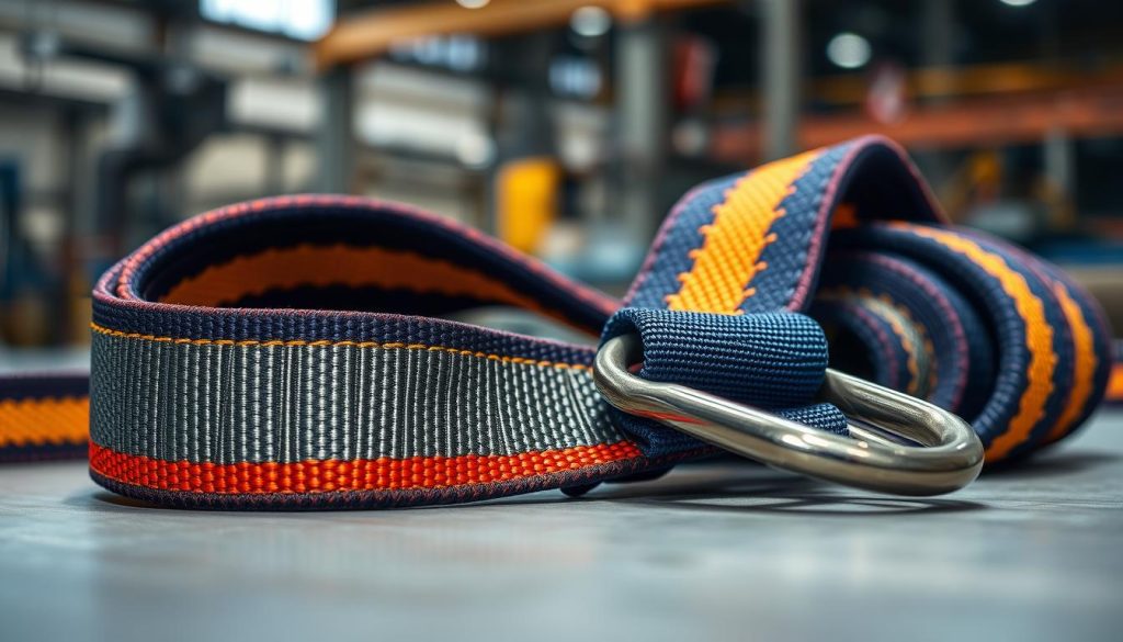 A close-up, photorealistic image of a webbing sling, showcasing its durable, woven fabric with intricate stitching patterns and bold, vibrant colors. The sling should be laid out on a smooth, clean surface with a blurred industrial background, highlighting its practical use. Soft, natural lighting illuminates the texture and details of the webbing, emphasizing its strength and versatility. The focus should capture the sling's adjustable loops and metal connectors, with a slight depth of field effect to draw attention to the foreground. The overall atmosphere is professional and informative, suitable for a technical article in an industrial setting.