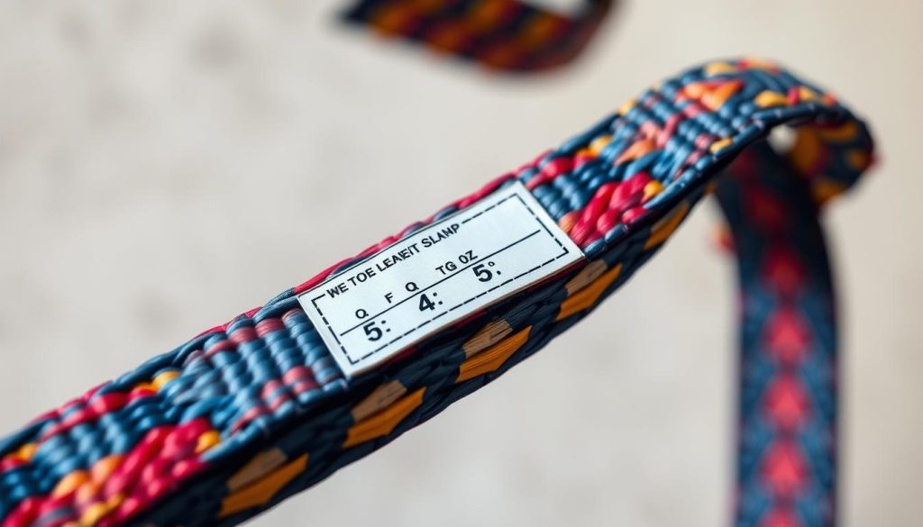 A close-up, photorealistic image of a webbing sling, showcasing its intricate weave and vibrant colors against a contrasting neutral background. The sling should be displayed in a way that highlights its capacity tags and size markings, demonstrating its specifications clearly. Soft, natural lighting emphasizes the texture and strength of the material, while a shallow depth of field blurs the background slightly, focusing the viewer's attention on the sling itself. The atmosphere is professional and informative, suitable for an article about industrial lifting equipment. No logos, watermarks, or text overlays are present, ensuring a clean and clear image.