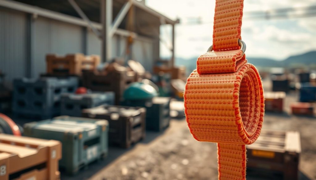 A close-up, photorealistic image of a webbing sling used in lifting applications, showcasing its intricate weave and robust stitching. The sling is displayed prominently in the foreground, illuminated by soft, natural light, which highlights its texture and vibrant colors. In the middle ground, include various types of load-bearing items that the sling can handle, such as industrial crates or outdoor equipment, to emphasize versatility. The background features a blurred outdoor worksite, suggesting a rugged environment where such slings are essential. The overall atmosphere should convey professionalism and reliability, reflecting the practical use of webbing slings in various industrial contexts. A close-up, photorealistic image of a webbing sling used in lifting applications, showcasing its intricate weave and robust stitching. The sling is displayed prominently in the foreground, illuminated by soft, natural light, which highlights its texture and vibrant colors. In the middle ground, include various types of load-bearing items that the sling can handle, such as industrial crates or outdoor equipment, to emphasize versatility. The background features a blurred outdoor worksite, suggesting a rugged environment where such slings are essential. The overall atmosphere should convey professionalism and reliability, reflecting the practical use of webbing slings in various industrial contexts.