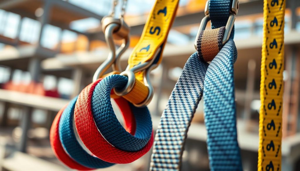 A close-up, photorealistic image of high-quality webbing slings, specifically Secutex S2 models showcasing both C-link and D-link options. In the foreground, prominently display the slings in vibrant colors, highlighting their woven texture and strength. The middle ground includes a blurred backdrop of a construction site, emphasizing the practical application of the slings. Soft, natural lighting illuminates the scene, creating a sharp contrast between the vivid colors of the slings and the more muted tones of the background. The camera is angled slightly downward for an intimate perspective, capturing the details of the hardware attached to the slings. The overall mood is professional and industrial, underscoring the reliability and durability of the products. No text or branding elements included.