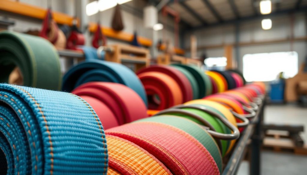 A close-up, photorealistic image of various types of webbing slings arranged neatly on a workbench, showcasing different colors and widths. The foreground features a bright, durable nylon webbing sling with heavy-duty stitching, while the middle ground includes a selection of slings in vibrant hues, demonstrating their strength and texture. The background is slightly blurred to keep the focus on the slings, with the workshop environment exhibiting soft, natural lighting, highlighting the details of the fabric and hardware. The lens captures the scene at a slightly angled top-down view, conveying a sense of professionalism and quality in material. The atmosphere is industrious yet clean, emphasizing the reliability and craftsmanship of webbing slings.