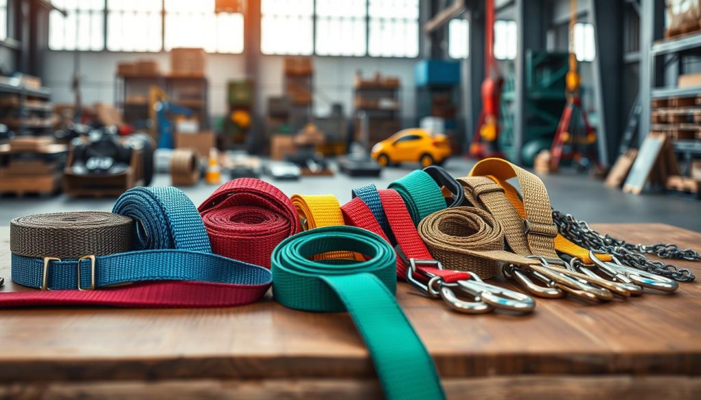 A close-up, photorealistic image of various types of webbing slings displayed on a contemporary wooden table. In the foreground, focus on an array of colorful webbing slings with different textures and patterns—flat, round, and chain-style slings—showcasing their versatility. The middle ground features a professional setting with tools and equipment used for lifting, such as carabiners and hooks, neatly arranged. In the background, a softly blurred industrial warehouse setting hints at their practical applications. Natural light filters through large windows, casting soft shadows and giving a warm, inviting atmosphere. The image should evoke a sense of professionalism and reliability, ideal for illustrating choices in webbing sling types. A close-up, photorealistic image of various types of webbing slings displayed on a contemporary wooden table. In the foreground, focus on an array of colorful webbing slings with different textures and patterns—flat, round, and chain-style slings—showcasing their versatility. The middle ground features a professional setting with tools and equipment used for lifting, such as carabiners and hooks, neatly arranged. In the background, a softly blurred industrial warehouse setting hints at their practical applications. Natural light filters through large windows, casting soft shadows and giving a warm, inviting atmosphere. The image should evoke a sense of professionalism and reliability, ideal for illustrating choices in webbing sling types.