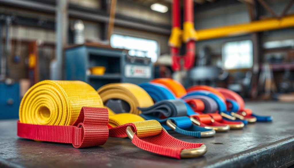 A close-up, photorealistic image of various types of webbing slings, showcasing a range of colors and capacities, artfully arranged on a sturdy industrial surface. In the foreground, bright yellow, blue, and red webbing slings with clear stitching patterns and sturdy loops are highlighted, emphasizing their robust quality and versatility. In the middle ground, additional slings are partially visible, demonstrating different widths and lengths, suggesting their suitability for various lifting applications. The background is softly blurred to maintain focus on the slings, with a workshop-style ambiance featuring steel tools and equipment, lit by natural daylight filtering through a window, casting subtle shadows. The overall mood is professional and informative, reflecting a sense of reliability and strength. A close-up, photorealistic image of various types of webbing slings, showcasing a range of colors and capacities, artfully arranged on a sturdy industrial surface. In the foreground, bright yellow, blue, and red webbing slings with clear stitching patterns and sturdy loops are highlighted, emphasizing their robust quality and versatility. In the middle ground, additional slings are partially visible, demonstrating different widths and lengths, suggesting their suitability for various lifting applications. The background is softly blurred to maintain focus on the slings, with a workshop-style ambiance featuring steel tools and equipment, lit by natural daylight filtering through a window, casting subtle shadows. The overall mood is professional and informative, reflecting a sense of reliability and strength.
