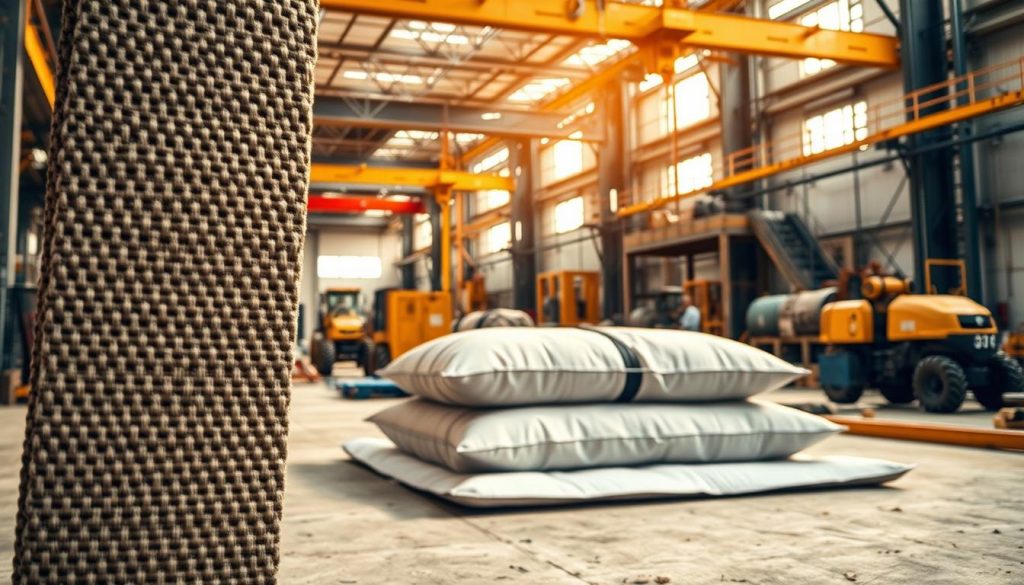 A close-up view of a high-quality webbing sling securely hoisting a heavy load in an industrial setting. The foreground features the textured fabric of the sling, showcasing its strength and durability as it supports the load. In the middle ground, highlight the load being lifted, meticulously placed on a soft surface to prevent damage; show cushions and padding ensuring protection. The background depicts a well-lit construction site with various equipment and machinery, conveying a sense of productivity and safety. Use warm, natural daylight to create a welcoming atmosphere. The image captures a professional, safe environment emphasizing the importance of surface protection while lifting heavy objects. Aim for high definition and photorealism to vividly illustrate these details.