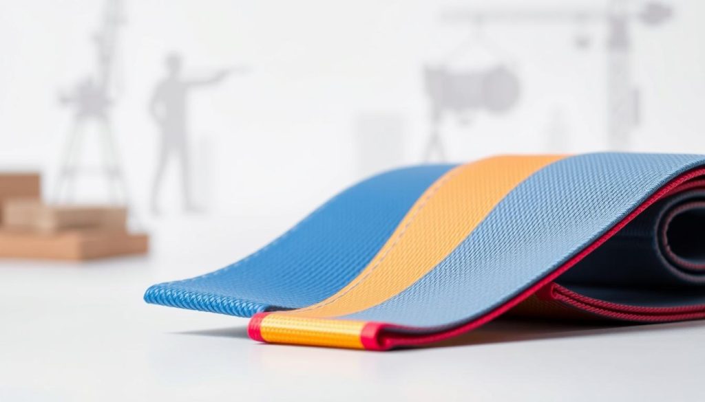 A close-up view of a high-quality webbing sling, showcasing its intricate texture and vibrant colors, laid flat against a clean, neutral background. The sling is arranged neatly to display various design features, including reinforced stitching and color-coded load capacities. Soft, diffused lighting highlights the fabric's details and adds a realistic sheen, making the image visually appealing. In the background, blurred silhouettes of industrial settings can suggest its application in lifting scenarios, such as a warehouse or construction site. The overall mood evokes professionalism and reliability, making it an ideal illustrative representation for a section about the types and designs of webbing slings available.