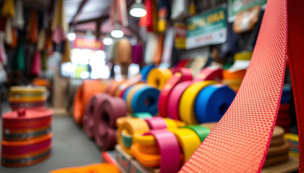A close-up view of a sturdy webbing sling with vibrant colors, showcasing its luminous texture and detailed stitching. The foreground features the sling prominently, with a clear focus on the material's weave and strength indicators. In the middle ground, include a well-organized display of various slings in different sizes, emphasizing their versatility for lifting and support tasks. The background should subtly hint at a Tasikmalaya marketplace, with blurred yet recognizable elements like shop signs or local products to evoke the local context. Soft, natural lighting enhances the colors, giving a warm and inviting atmosphere. Use a shallow depth of field to emphasize the webbing sling and create a sense of professionalism and quality in the image. A close-up view of a sturdy webbing sling with vibrant colors, showcasing its luminous texture and detailed stitching. The foreground features the sling prominently, with a clear focus on the material's weave and strength indicators. In the middle ground, include a well-organized display of various slings in different sizes, emphasizing their versatility for lifting and support tasks. The background should subtly hint at a Tasikmalaya marketplace, with blurred yet recognizable elements like shop signs or local products to evoke the local context. Soft, natural lighting enhances the colors, giving a warm and inviting atmosphere. Use a shallow depth of field to emphasize the webbing sling and create a sense of professionalism and quality in the image.