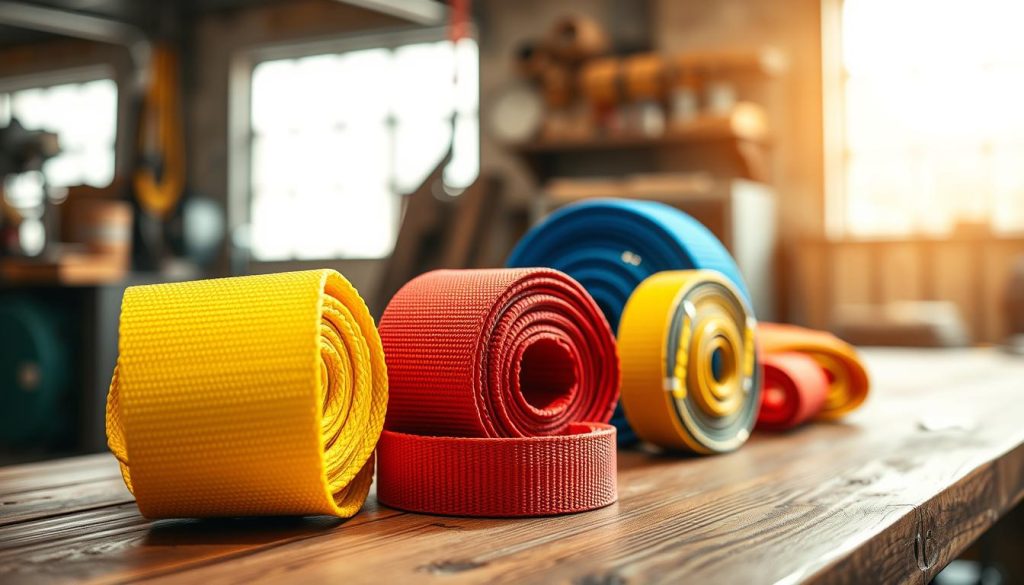 A close-up view of various types of webbing slings displayed neatly on a wooden workshop table, showcasing their vibrant colors and different widths for lifting capacities. The foreground features a bright yellow heavy-duty sling, while the middle ground includes slings in red and blue, arranged to emphasize their textures. In the background, soft natural light filters through a window, creating a warm, inviting atmosphere. The scene captures a professional environment, highlighting the practicality and versatility of webbing slings for lifting in industrial applications. Use a shallow depth of field to focus on the slings, with a soft, blurred background, ensuring high definition and photorealism.