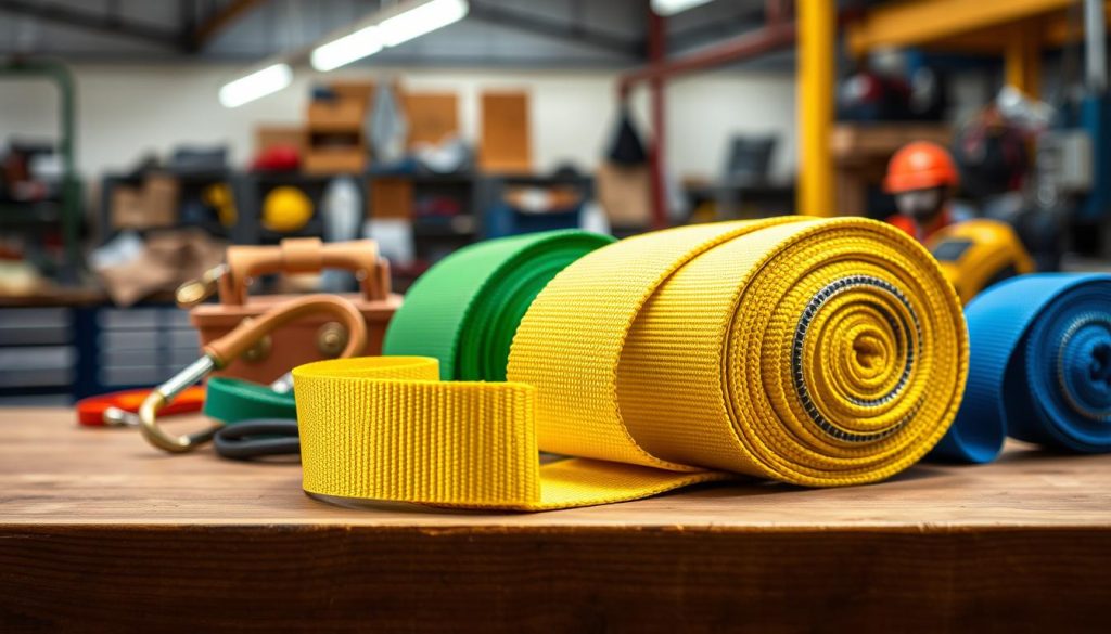 A collection of various types of webbing slings showcased on a wooden workbench in a well-lit industrial setting. In the foreground, prominently feature a bright yellow webbing sling with reinforced stitching, alongside a green and a blue sling, displaying their sturdy materials and unique designs. The middle ground includes a toolbox and safety gear, hinting at their practical use. The background features a blurred workshop environment with tools and equipment, ensuring a professional atmosphere. The lighting is bright and even, highlighting the textures of the webbing slings, emphasizing their durability and color. The image conveys a sense of reliability and quality, perfect for showcasing the selection of webbing slings available. A collection of various types of webbing slings showcased on a wooden workbench in a well-lit industrial setting. In the foreground, prominently feature a bright yellow webbing sling with reinforced stitching, alongside a green and a blue sling, displaying their sturdy materials and unique designs. The middle ground includes a toolbox and safety gear, hinting at their practical use. The background features a blurred workshop environment with tools and equipment, ensuring a professional atmosphere. The lighting is bright and even, highlighting the textures of the webbing slings, emphasizing their durability and color. The image conveys a sense of reliability and quality, perfect for showcasing the selection of webbing slings available.