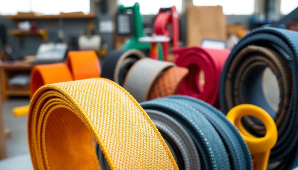 A collection of various webbing slings displayed prominently, showcasing different shapes, models, and materials in a well-lit workspace. In the foreground, highlight a bright-colored webbing sling with intricate weaving patterns, demonstrating its strength and flexibility. In the middle, arrange a few other slings with different textures and sizes, such as heavy-duty and lightweight models, to illustrate diversity. The background features a blurred workshop setting with tools and equipment, emphasizing a professional environment. Soft, natural lighting to enhance the colors and textures of the slings, creating a polished and informative atmosphere. The focus is sharp on the slings, ensuring they are the central element of the image.