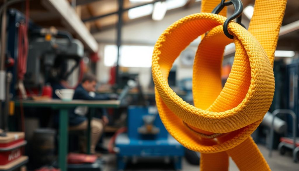 A detailed and high-definition image of a webbing sling, prominently displayed in the foreground, showcasing its robust texture and bright color. The sling is looped and secured in a practical arrangement, reflecting its strength and utility. In the middle ground, a partially blurred background features a well-lit workshop or industrial setting, with tools and equipment to highlight its usage environment. The lighting is natural and bright, giving a sense of professionalism and functionality. The angle is slightly tilted to capture the depth and dimensionality of the sling. The overall mood is focused and informative, aiming to convey the significance of webbing slings in various applications.