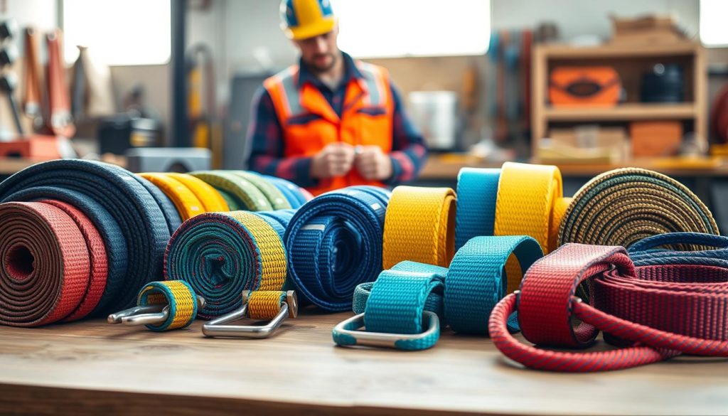 A detailed and high-definition photorealistic image of various webbing slings arranged neatly on a wooden table. In the foreground, showcase different types of slings in vibrant colors, highlighting their sturdy construction and material textures. Middle ground features a professional technician inspecting the slings, dressed in safety gear, emphasizing quality and craftsmanship. In the background, a blurred workshop environment is visible, with tools and equipment that suggest a focus on heavy-duty lifting applications. The lighting is bright yet natural, mimicking sunlight filtering through a window, creating a warm and inviting atmosphere that conveys reliability and professionalism. A detailed and high-definition photorealistic image of various webbing slings arranged neatly on a wooden table. In the foreground, showcase different types of slings in vibrant colors, highlighting their sturdy construction and material textures. Middle ground features a professional technician inspecting the slings, dressed in safety gear, emphasizing quality and craftsmanship. In the background, a blurred workshop environment is visible, with tools and equipment that suggest a focus on heavy-duty lifting applications. The lighting is bright yet natural, mimicking sunlight filtering through a window, creating a warm and inviting atmosphere that conveys reliability and professionalism.