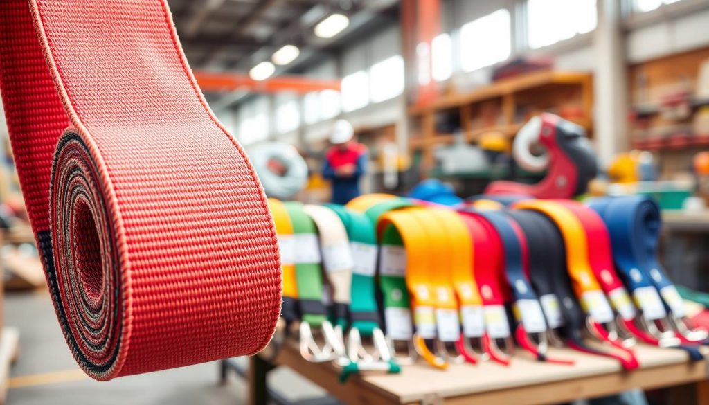 A detailed and photorealistic image of a webbing sling displayed prominently. In the foreground, a high-strength webbing sling is shown in vibrant colors, detailed with stitching and loops that showcase its durability and flexibility. In the middle ground, include various models of webbing slings arranged neatly, each differing in size and color, with tags indicating their specifications and potential use cases. The background features a soft-focus workshop environment with tools and equipment, suggesting a busy work setting. Lighting should be bright and natural, highlighting the textures of the webbing slings and creating a professional atmosphere. The angle should be slightly elevated to capture both the slings and their context effectively, emphasizing the practicality and importance of these tools in industrial applications.