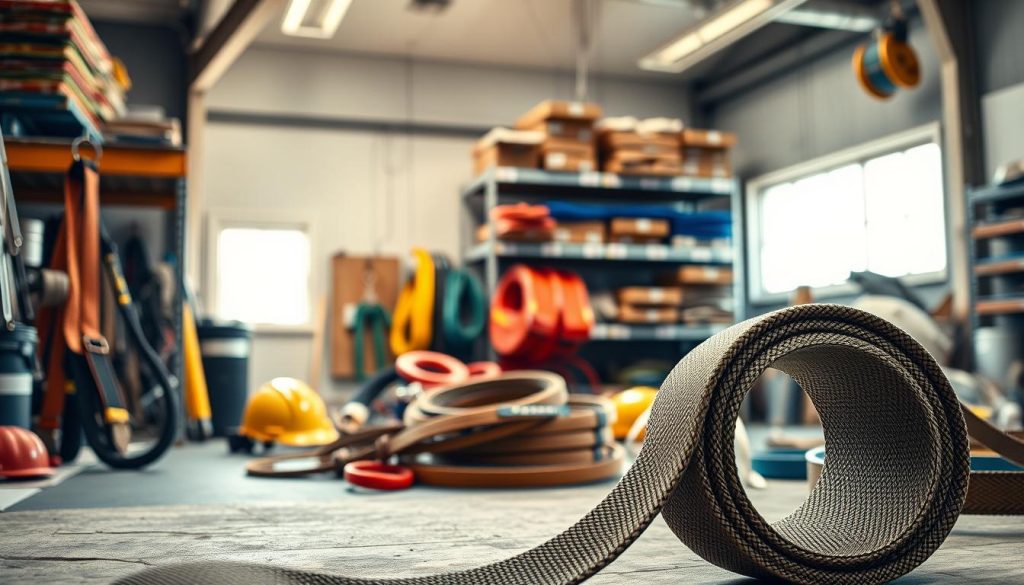 A detailed and photorealistic image of a webbing sling in a workshop environment, showcasing its various features. In the foreground, place a sturdy webbing sling, highlighting its texture and color with close-up detail. Capture various types of webbing slings, emphasizing their load ratings and work designs. In the middle ground, depict tools and safety equipment, like a harness and a helmet, to convey a professional lifting context. In the background, softly illuminated by natural light from a nearby window, include industrial shelving with slings organized by weight capacity and surface type. The atmosphere is organized and practical, reflecting a sense of safety and professionalism, perfect for illustrating webbing sling selection guides.