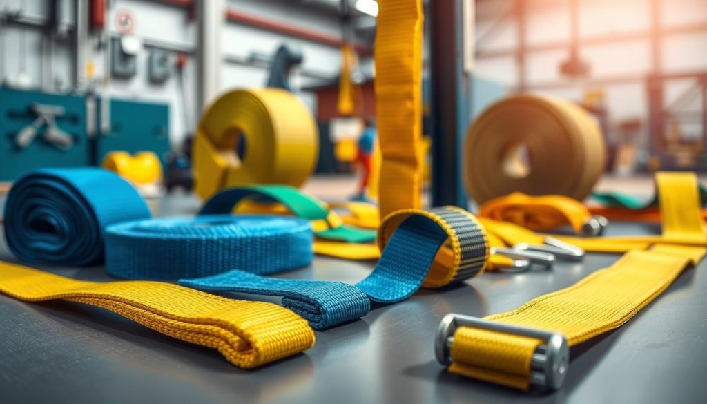 A detailed and photorealistic image of various types of webbing slings, showcasing their different constructions. In the foreground, focus on several distinct webbing slings made from durable materials like polyester and nylon, highlighting their textures and color variations—such as bright yellows, blues, and greens. The middle ground features these slings arranged on a smooth, professional surface, with some slings laid flat while others are displayed in use, demonstrating their applications in lifting. In the background, a softly blurred industrial setting provides context, with tools or equipment subtly suggested without distraction. The lighting is bright yet soft, creating a professional and informative atmosphere. The perspective is eye-level, emphasizing the intricate details of the webbing slings. A detailed and photorealistic image of various types of webbing slings, showcasing their different constructions. In the foreground, focus on several distinct webbing slings made from durable materials like polyester and nylon, highlighting their textures and color variations—such as bright yellows, blues, and greens. The middle ground features these slings arranged on a smooth, professional surface, with some slings laid flat while others are displayed in use, demonstrating their applications in lifting. In the background, a softly blurred industrial setting provides context, with tools or equipment subtly suggested without distraction. The lighting is bright yet soft, creating a professional and informative atmosphere. The perspective is eye-level, emphasizing the intricate details of the webbing slings.