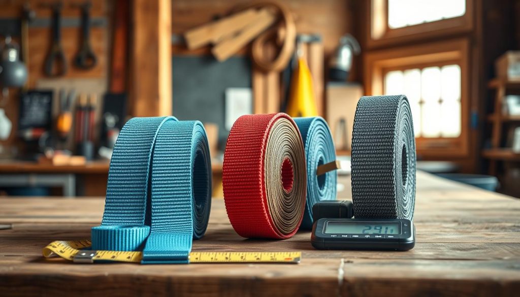 A detailed and photorealistic representation of various webbing slings displayed on a wooden workbench. In the foreground, three distinct types of slings are arranged, showcasing their different colors, widths, and stitching patterns. The middle ground features a tape measure and a digital scale next to the slings, highlighting the technical specifications such as load capacity and material composition. The background should subtly depict a workshop environment with tools and safety gear, suggesting a professional setting. Soft, natural lighting filters through a nearby window, creating a warm and inviting atmosphere. The lens focus should be sharp on the slings, with a slight depth of field effect to draw attention to the intricate details of each sling, emphasizing their quality and durability. A detailed and photorealistic representation of various webbing slings displayed on a wooden workbench. In the foreground, three distinct types of slings are arranged, showcasing their different colors, widths, and stitching patterns. The middle ground features a tape measure and a digital scale next to the slings, highlighting the technical specifications such as load capacity and material composition. The background should subtly depict a workshop environment with tools and safety gear, suggesting a professional setting. Soft, natural lighting filters through a nearby window, creating a warm and inviting atmosphere. The lens focus should be sharp on the slings, with a slight depth of field effect to draw attention to the intricate details of each sling, emphasizing their quality and durability.