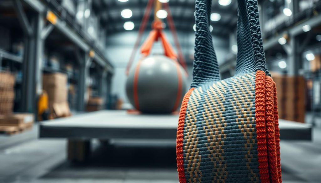 A detailed and realistic depiction of a webbing sling, prominently displayed in the foreground, showcasing its strong, woven texture and vibrant colors. The sling should be depicted in use, securely holding a solid, large load, emphasizing its protective properties for the surface of the object being lifted. In the middle ground, a smooth surface is visible under the load, emphasizing the sling's function of protecting the load's surface. In the background, a soft-focus industrial environment with subtle lighting enhances the mood of professionalism and reliability. The lighting should be bright but soft, casting mild shadows that accentuate the webbing sling's features. Use a slightly low angle to create a sense of strength and durability in the composition, evoking trust and safety.