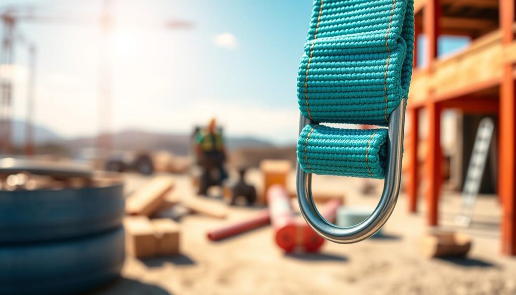 A detailed close-up image of a high-quality webbing sling made of durable polyester material, showcasing its robust stitching and texture. The foreground highlights the sling's vibrant color, possibly in shades of blue or green, and its reinforcing loops at both ends. In the middle ground, include a subtle out-of-focus construction environment with tools and equipment, emphasizing practical application. The background should feature a blurred view of a sunny outdoor setting, perhaps with a construction site or a landscape that suggests heavy-duty use. The lighting is bright and natural, casting soft shadows that enhance the sling's features, while the overall mood conveys strength and reliability. The image should be photorealistic and in high definition, without any text or overlays. A detailed close-up image of a high-quality webbing sling made of durable polyester material, showcasing its robust stitching and texture. The foreground highlights the sling's vibrant color, possibly in shades of blue or green, and its reinforcing loops at both ends. In the middle ground, include a subtle out-of-focus construction environment with tools and equipment, emphasizing practical application. The background should feature a blurred view of a sunny outdoor setting, perhaps with a construction site or a landscape that suggests heavy-duty use. The lighting is bright and natural, casting soft shadows that enhance the sling's features, while the overall mood conveys strength and reliability. The image should be photorealistic and in high definition, without any text or overlays.