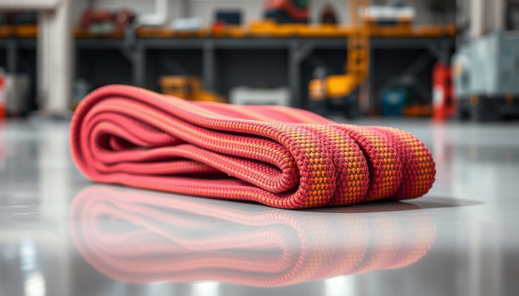 A detailed close-up of a high-quality webbing sling, showcasing its vibrant colors and intricate weave patterns. The sling should appear sturdy and reliable, lying flat on a clean, reflective surface to emphasize texture. In the background, a blurred industrial setting hints at a construction site with minimal machinery, creating context without distraction. Soft, diffused lighting highlights the sling's features, casting gentle shadows that accentuate its material quality. The image captures a sense of professionalism and safety, making it ideal for an informative article. The mood conveys reliability and strength, appealing to potential buyers looking for durable equipment. No human subjects present, ensuring focus remains on the webbing sling.