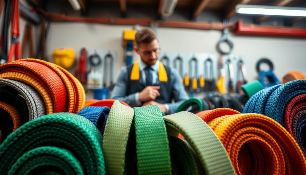 A detailed close-up of various types of webbing slings, showcasing their unique textures and colors. The foreground features a selection of colorful webbing slings in different designs—such as flat webbing, round slings, and heavy-duty options—arranged neatly. In the middle ground, a professional worker in business attire examines the slings, reflecting the practical use in a safe work environment. The background shows a well-organized tool shed or workshop with soft, diffused lighting illuminating the scene, highlighting the durability and quality of the webbing materials. The overall mood is focused and informative, with sharp details in high definition to emphasize the webbing slings' versatility and application in various working conditions. A detailed close-up of various types of webbing slings, showcasing their unique textures and colors. The foreground features a selection of colorful webbing slings in different designs—such as flat webbing, round slings, and heavy-duty options—arranged neatly. In the middle ground, a professional worker in business attire examines the slings, reflecting the practical use in a safe work environment. The background shows a well-organized tool shed or workshop with soft, diffused lighting illuminating the scene, highlighting the durability and quality of the webbing materials. The overall mood is focused and informative, with sharp details in high definition to emphasize the webbing slings' versatility and application in various working conditions.