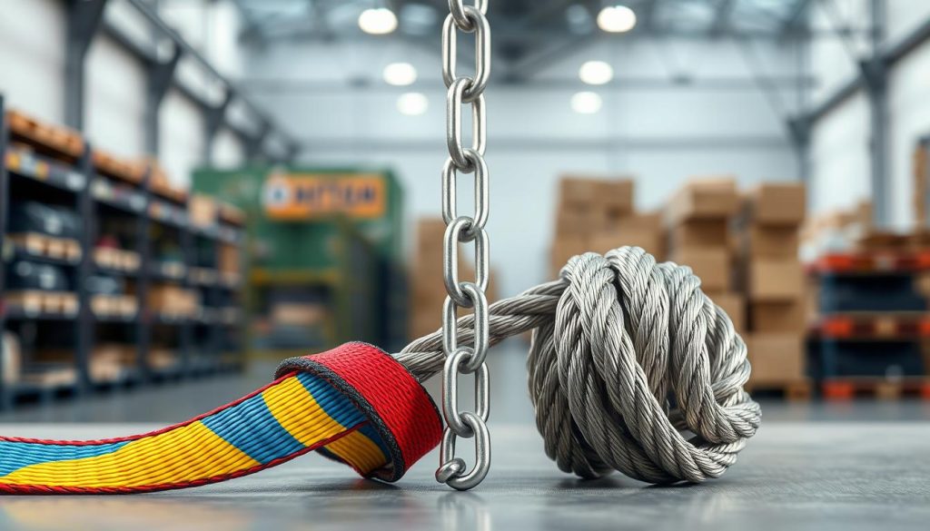 A detailed comparative image illustrating a webbing sling and a wire rope sling side by side. In the foreground, feature a vibrant, colorful webbing sling made of nylon, showcasing its flexibility and softness, contrasting with a rigid, metallic wire rope sling glinting under the light, emphasizing its strength and durability. In the middle ground, include a sturdy chain sling, adding another layer for comparison. The background should depict a warehouse setting with soft, diffused lighting to create a professional atmosphere. Capture the scene from a slightly elevated angle, highlighting the texture of each sling type. Ensure the overall mood is informative and focused, with a crisp, photorealistic quality that allows viewers to appreciate the distinct characteristics of each sling type without any distractions. A detailed comparative image illustrating a webbing sling and a wire rope sling side by side. In the foreground, feature a vibrant, colorful webbing sling made of nylon, showcasing its flexibility and softness, contrasting with a rigid, metallic wire rope sling glinting under the light, emphasizing its strength and durability. In the middle ground, include a sturdy chain sling, adding another layer for comparison. The background should depict a warehouse setting with soft, diffused lighting to create a professional atmosphere. Capture the scene from a slightly elevated angle, highlighting the texture of each sling type. Ensure the overall mood is informative and focused, with a crisp, photorealistic quality that allows viewers to appreciate the distinct characteristics of each sling type without any distractions.