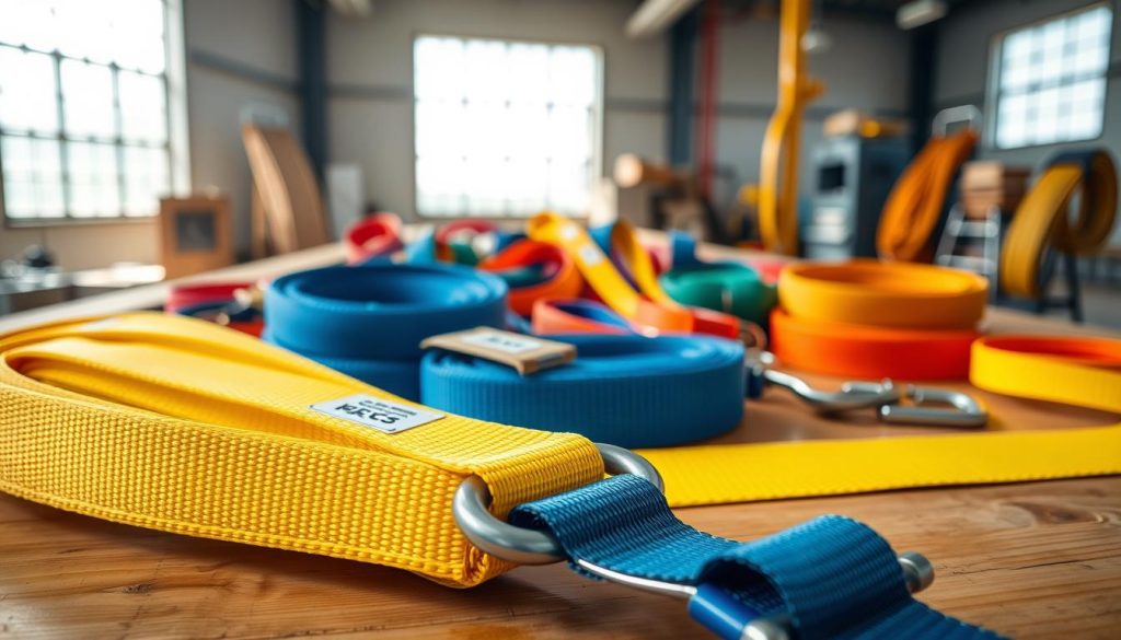 A detailed display of various webbing slings, showcasing their vibrant colors and sturdy textures, arranged neatly on a wooden workshop table. In the foreground, focus on a bright yellow webbing sling with reinforced stitching, its labels clearly visible, contrasted against a blue sling with a prominent locking hook. In the middle background, several other slings of different sizes and colors are laid out in an organized manner, emphasizing the variety available for sale. The setting is a clean, well-lit industrial workshop, with soft sunlight filtering in through large windows, casting gentle shadows. The overall mood reflects professionalism and reliability, ideal for illustrating a wholesale context, perfect for projects and bulk orders. The image is captured in high definition with a shallow depth of field, drawing attention to the textures and quality of the webbing slings. A detailed display of various webbing slings, showcasing their vibrant colors and sturdy textures, arranged neatly on a wooden workshop table. In the foreground, focus on a bright yellow webbing sling with reinforced stitching, its labels clearly visible, contrasted against a blue sling with a prominent locking hook. In the middle background, several other slings of different sizes and colors are laid out in an organized manner, emphasizing the variety available for sale. The setting is a clean, well-lit industrial workshop, with soft sunlight filtering in through large windows, casting gentle shadows. The overall mood reflects professionalism and reliability, ideal for illustrating a wholesale context, perfect for projects and bulk orders. The image is captured in high definition with a shallow depth of field, drawing attention to the textures and quality of the webbing slings.