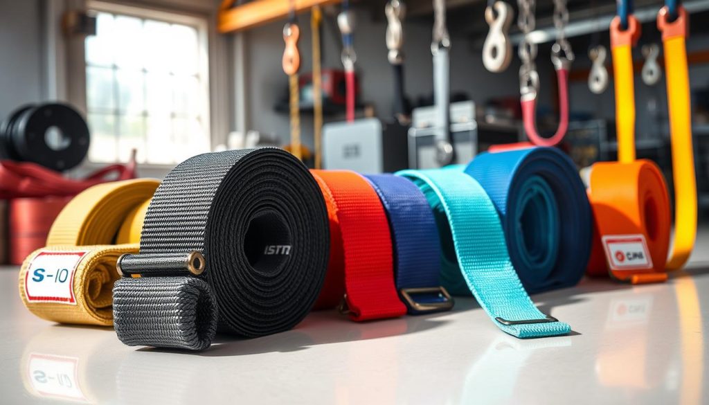 A detailed, high-definition photorealistic image of a variety of webbing slings displayed in an organized array. In the foreground, showcase different colors and widths of slings made from durable nylon material, with close-ups highlighting characteristic features like stitching, loops, and labels. The middle ground captures a well-lit, polished surface that enhances the texture of the webbing slings. In the background, slightly blurred, are industrial lifting equipment elements, such as pulleys and hooks, to create context. Natural lighting filters through a workshop window, casting soft shadows that emphasize the quality of the slings. The overall atmosphere is professional and informative, suitable for a technical article regarding product variations and designs.