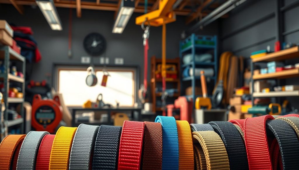 A detailed, high-definition photorealistic image of various types of webbing slings displayed prominently in the foreground. The slings should showcase different colors and thicknesses, positioned in a clean, organized manner to emphasize their diversity. In the middle ground, include a well-lit workshop setting, with tools and safety equipment subtly in view to suggest a professional environment. The background should feature shelves stocked with other lifting equipment, dimly lit to draw focus to the slings. Use natural light streaming through a window to create soft shadows, enhancing the texture of the webbing material. The mood should be professional and informative, conveying reliability and safety in lifting solutions. A detailed, high-definition photorealistic image of various types of webbing slings displayed prominently in the foreground. The slings should showcase different colors and thicknesses, positioned in a clean, organized manner to emphasize their diversity. In the middle ground, include a well-lit workshop setting, with tools and safety equipment subtly in view to suggest a professional environment. The background should feature shelves stocked with other lifting equipment, dimly lit to draw focus to the slings. Use natural light streaming through a window to create soft shadows, enhancing the texture of the webbing material. The mood should be professional and informative, conveying reliability and safety in lifting solutions.