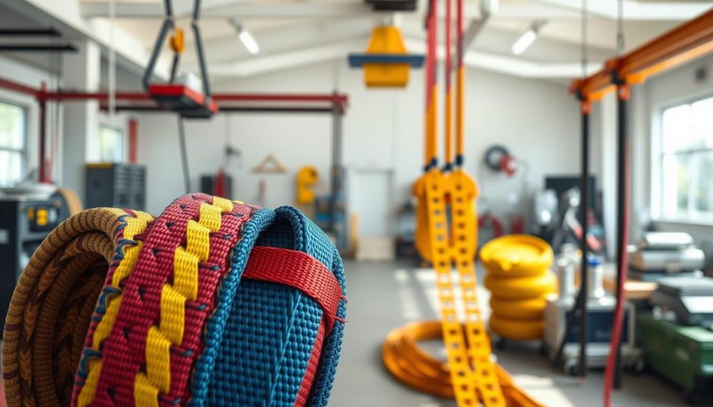 A detailed, high-definition photorealistic image showcasing various types of webbing slings, highlighted prominently in the foreground. The slings should be colored in vibrant hues, demonstrating different weaving constructions such as flat woven, round slings, and ladder-type designs, with close-up views of their textures and stitching details. In the middle ground, depict a clean and organized workspace filled with essential equipment used for lifting and securing loads, subtly emphasizing their industrial application. The background should feature a light and airy environment, with natural light filtering in, creating soft shadows that enhance the slings' details. The overall mood should feel professional, focused, and informative, ideal for illustrating the diverse types of webbing slings based on construction. A detailed, high-definition photorealistic image showcasing various types of webbing slings, highlighted prominently in the foreground. The slings should be colored in vibrant hues, demonstrating different weaving constructions such as flat woven, round slings, and ladder-type designs, with close-up views of their textures and stitching details. In the middle ground, depict a clean and organized workspace filled with essential equipment used for lifting and securing loads, subtly emphasizing their industrial application. The background should feature a light and airy environment, with natural light filtering in, creating soft shadows that enhance the slings' details. The overall mood should feel professional, focused, and informative, ideal for illustrating the diverse types of webbing slings based on construction.