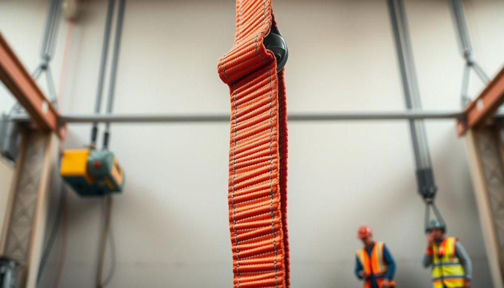 A detailed, photorealistic close-up of a robust webbing sling, showcasing its vibrant color patterns and texture, is set against a neutral, softly blurred industrial backdrop. The foreground features the sling hanging securely, displaying its stitching and load-bearing specifications. In the middle ground, hints of lifting equipment and safety gear are subtly visible, emphasizing its use in heavy lifting applications. Soft, natural lighting casts gentle shadows, accentuating the sling's durability. The composition is captured at a low angle, creating an imposing perspective that highlights the strength and reliability of the webbing sling. The atmosphere conveys professionalism and safety, reflecting its essential role in high-quality lifting solutions.