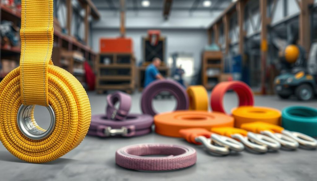 A detailed photorealistic image of a round sling prominently displayed in the foreground, with its vibrant colors and texture highlighted under soft, diffused natural lighting. The sling should be shown in a close-up view, focusing on its durable fabric, eye loops, and stitching details. In the middle ground, various types of slings including eye slings and endless slings can be arranged neatly to showcase their forms and functionalities. The background can feature a blurred industrial setting, perhaps a warehouse or a workshop with equipment and tools, creating a professional atmosphere. The overall mood should convey reliability and strength, emphasizing the quality of the slings for various lifting tasks. The image should be in high definition, ensuring clarity in all intricate details. A detailed photorealistic image of a round sling prominently displayed in the foreground, with its vibrant colors and texture highlighted under soft, diffused natural lighting. The sling should be shown in a close-up view, focusing on its durable fabric, eye loops, and stitching details. In the middle ground, various types of slings including eye slings and endless slings can be arranged neatly to showcase their forms and functionalities. The background can feature a blurred industrial setting, perhaps a warehouse or a workshop with equipment and tools, creating a professional atmosphere. The overall mood should convey reliability and strength, emphasizing the quality of the slings for various lifting tasks. The image should be in high definition, ensuring clarity in all intricate details.