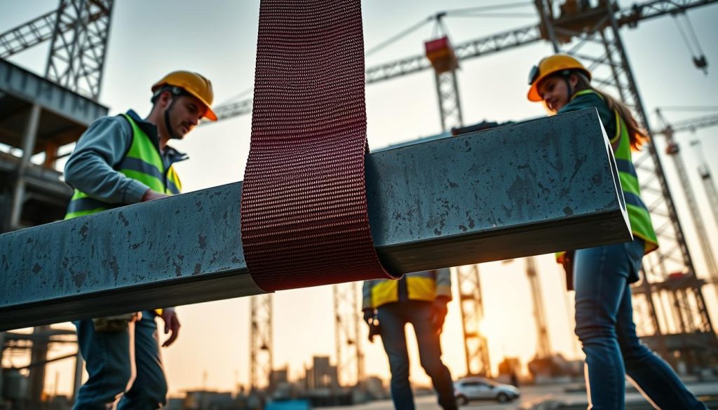 A detailed photorealistic image of a webbing sling being used in an industrial setting. In the foreground, prominently feature a strong, high-quality webbing sling securely lifting a heavy steel beam. The mid-ground showcases a male and female professional in safety gear, including helmets and reflective vests, working together at a construction site, demonstrating teamwork. The background should depict a bustling construction environment with cranes and workers. The lighting is bright and natural, emphasizing safety and productivity, with a slight golden hour glow to create a warm atmosphere. The angle should be from a low perspective, giving depth and highlighting the webbing sling's application in various tasks. The image should evoke a sense of professionalism and reliability in construction work. A detailed photorealistic image of a webbing sling being used in an industrial setting. In the foreground, prominently feature a strong, high-quality webbing sling securely lifting a heavy steel beam. The mid-ground showcases a male and female professional in safety gear, including helmets and reflective vests, working together at a construction site, demonstrating teamwork. The background should depict a bustling construction environment with cranes and workers. The lighting is bright and natural, emphasizing safety and productivity, with a slight golden hour glow to create a warm atmosphere. The angle should be from a low perspective, giving depth and highlighting the webbing sling's application in various tasks. The image should evoke a sense of professionalism and reliability in construction work.