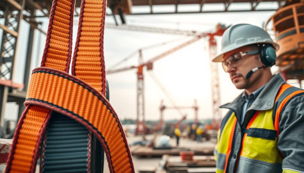 A detailed, photorealistic image of a webbing sling being used safely in a professional environment. In the foreground, a close-up of a strong, colorful webbing sling secured around a heavy object, demonstrating proper usage. The middle ground shows a technician in a hard hat and safety goggles, wearing professional work attire, carefully inspecting the sling's attachment points. The background features a construction site with cranes and workers engaged in lifting tasks, emphasizing the context of safe lifting practices. Soft, natural lighting illuminates the scene, creating a clear, informative atmosphere. The camera angle is slightly elevated, providing a comprehensive view of the sling's application while maintaining focus on safety.